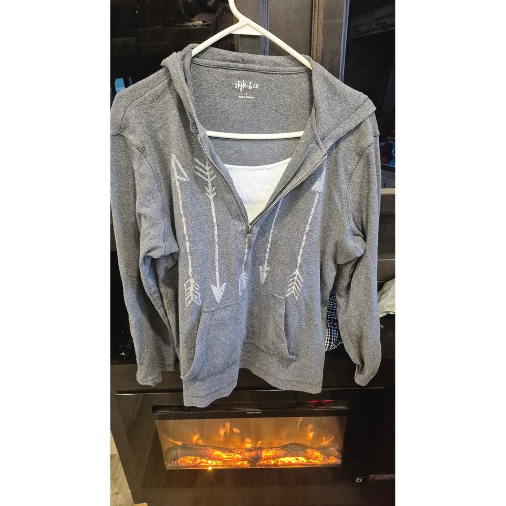 Boho Arrow Hoodie Gray Zip Up Hooded Sweatshirt Size L Western Casual Cozy - Picture 2 of 11
